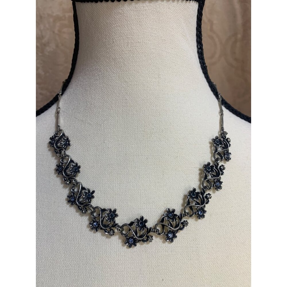 Vintage Floral Silver Necklace With Blue & clear rhinestone Accents ,Adjustable
